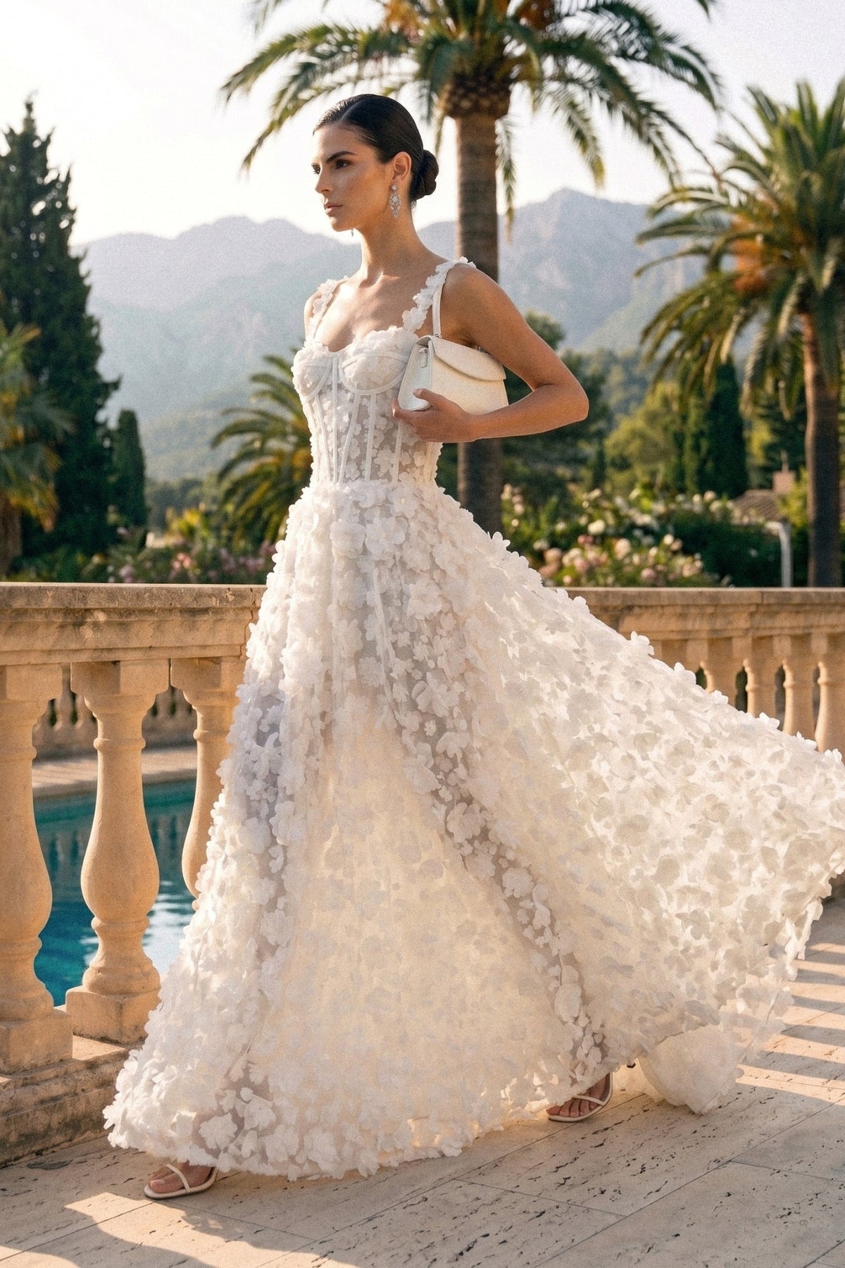 Floral Appliqué Maxi Dress With Corset Bodice - White - View 6
