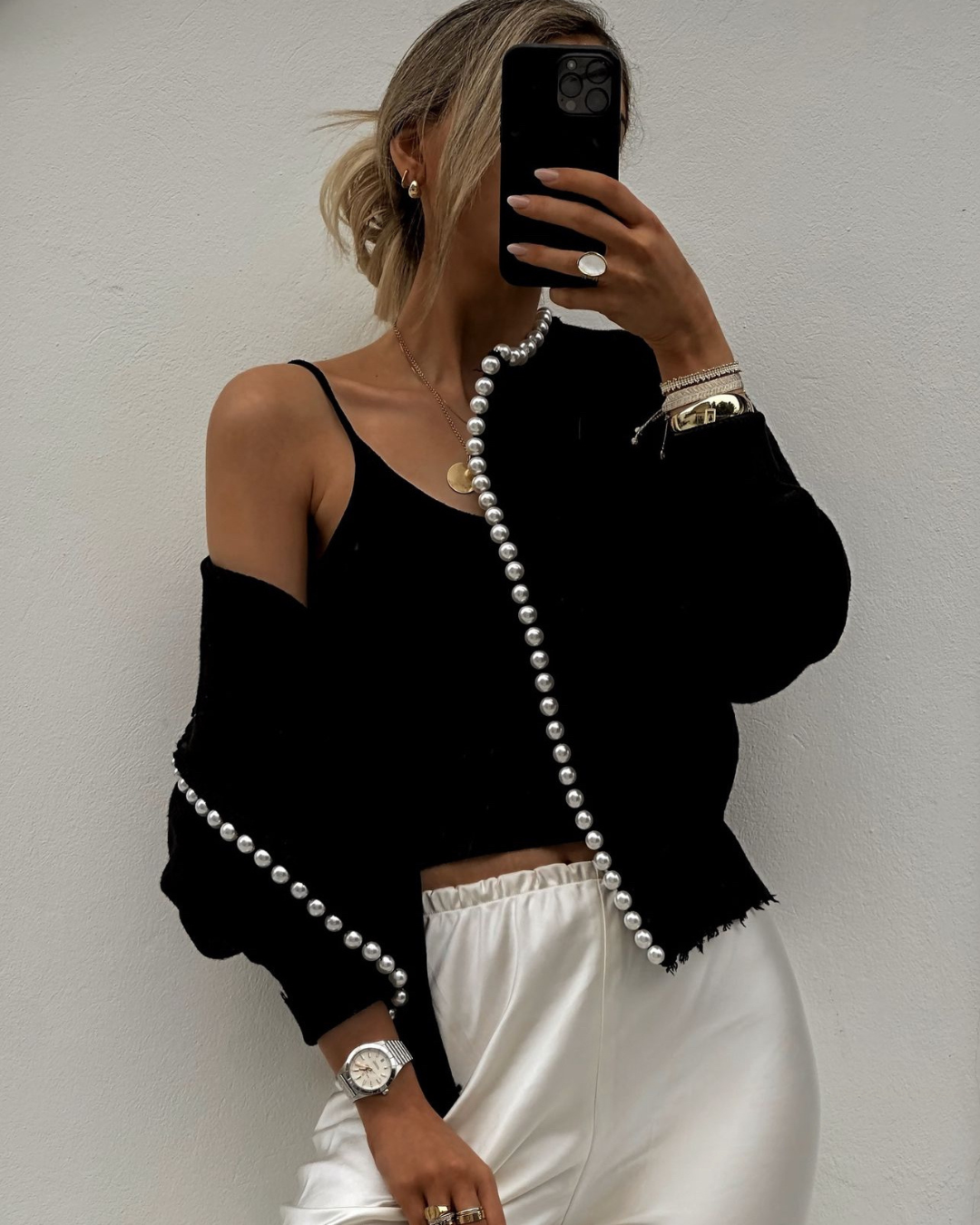 Faux Pearl Trim Round Neck Balloon Sleeve Knit Cardigan 3