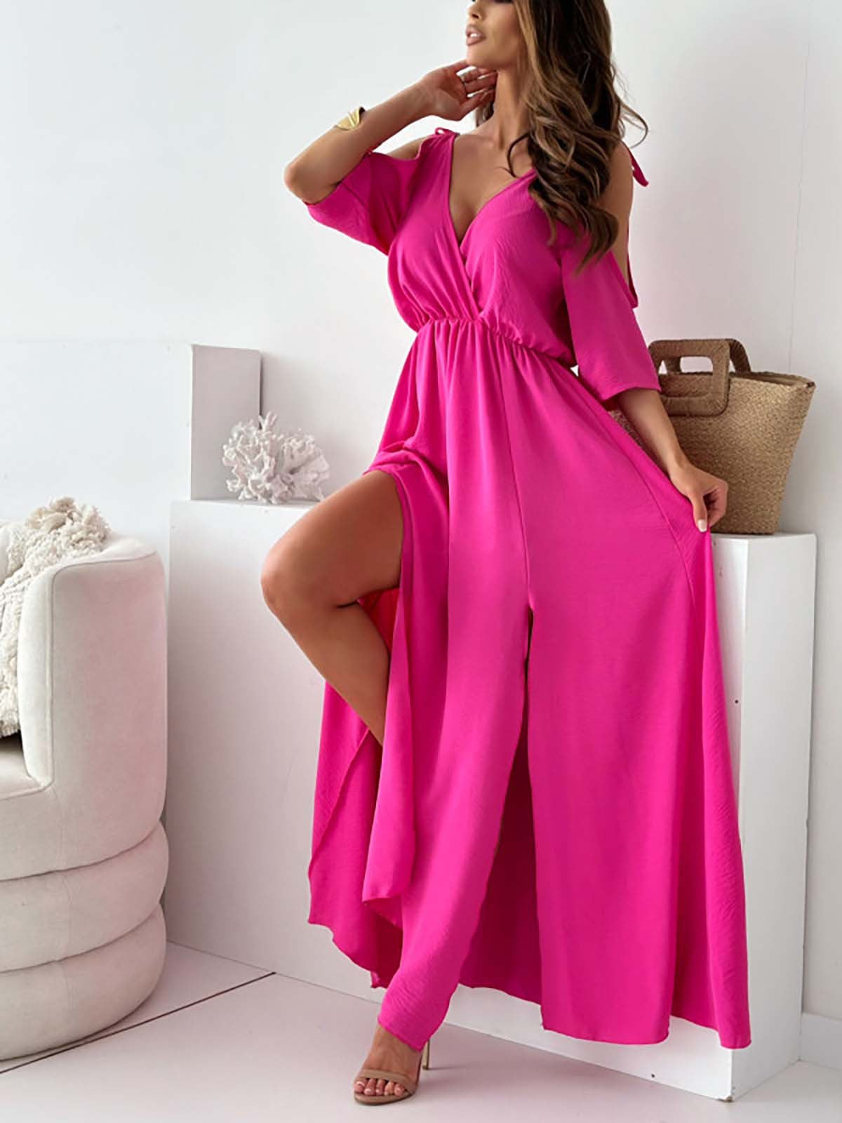 Cold Shoulder Deep V-Neck Wrap Tie Shoulder High Split Maxi Dress - View 5