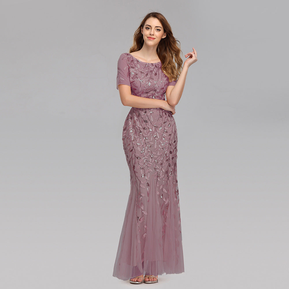 Sequin Round Neck Short Sleeve Mermaid Maxi Gown - View 7