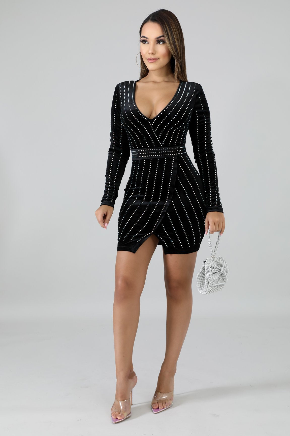 Velvet Deep V-Neck Long Sleeve Rhinestone Wrap Bodycon Mini Dress - View 15