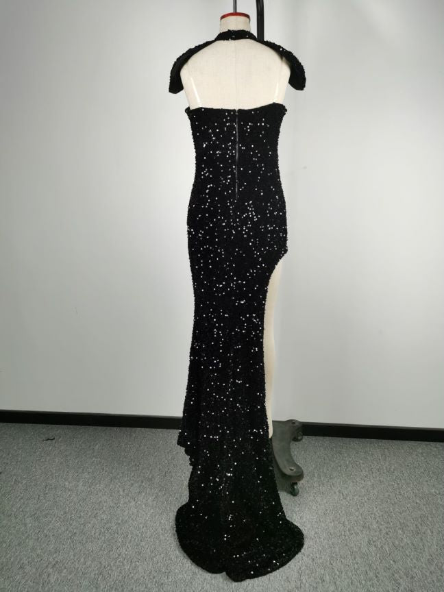 Sequin Strapless Choker Cut Out High Split Mermaid Gown - View 7