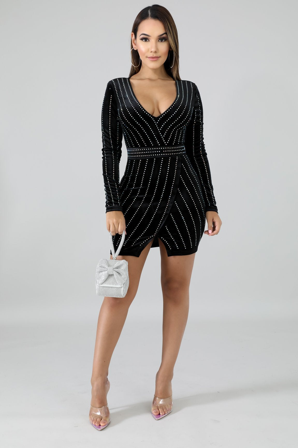 Velvet Deep V-Neck Long Sleeve Rhinestone Wrap Bodycon Mini Dress - View 20
