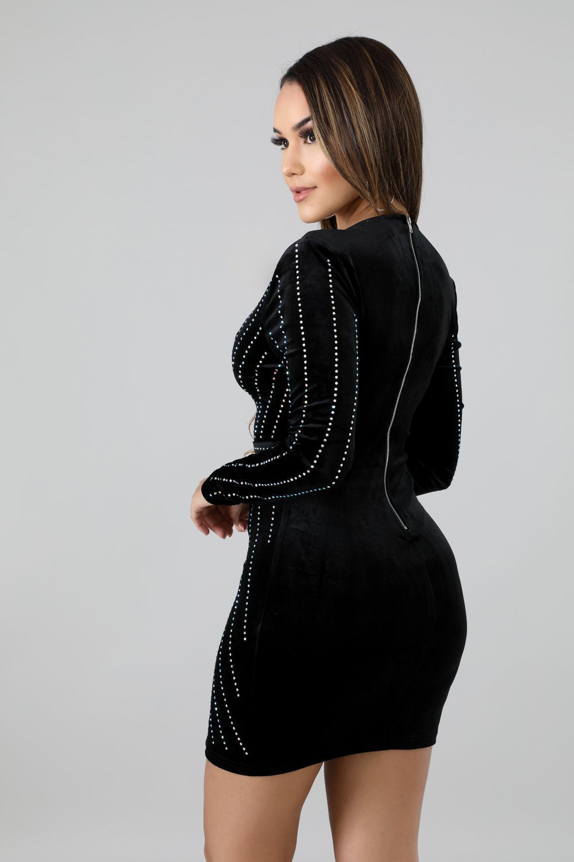 Velvet Deep V-Neck Long Sleeve Rhinestone Wrap Bodycon Mini Dress - View 24