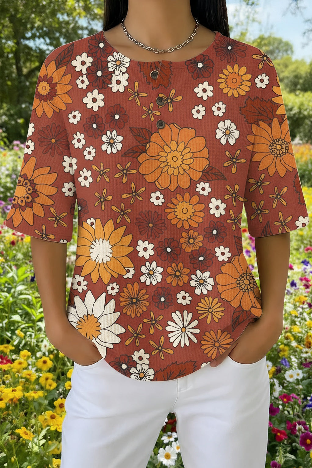 Retro Floral Print Henley Waffle Knit Top