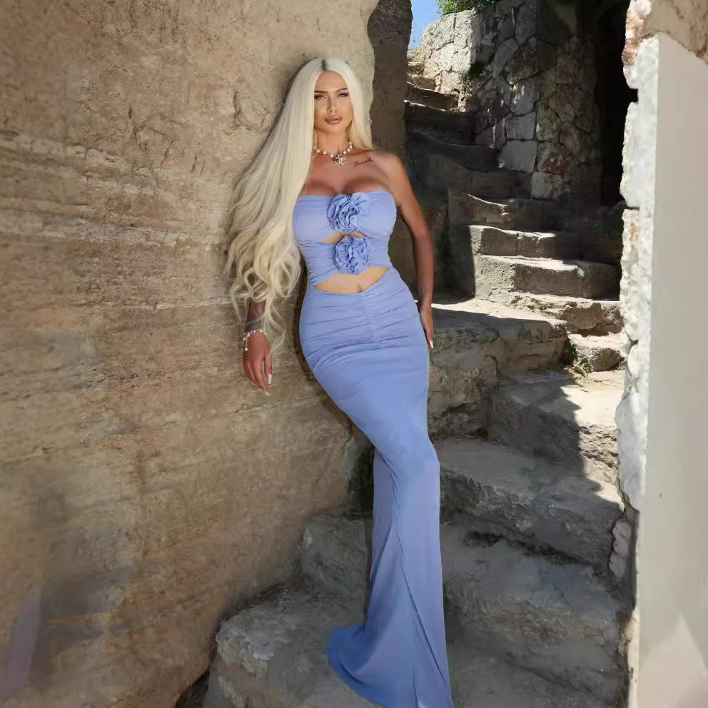 Strapless 3D Floral Cut Out Ruched Mermaid Maxi Gown