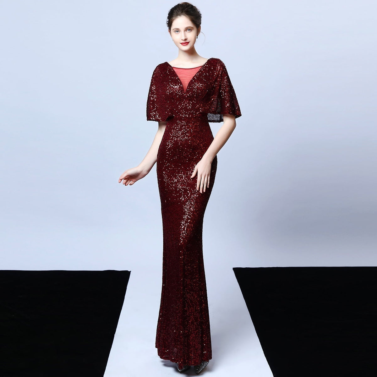 Sequin Round Neck Flutter Sleeve Mesh Yoke Mermaid Maxi Gown 9