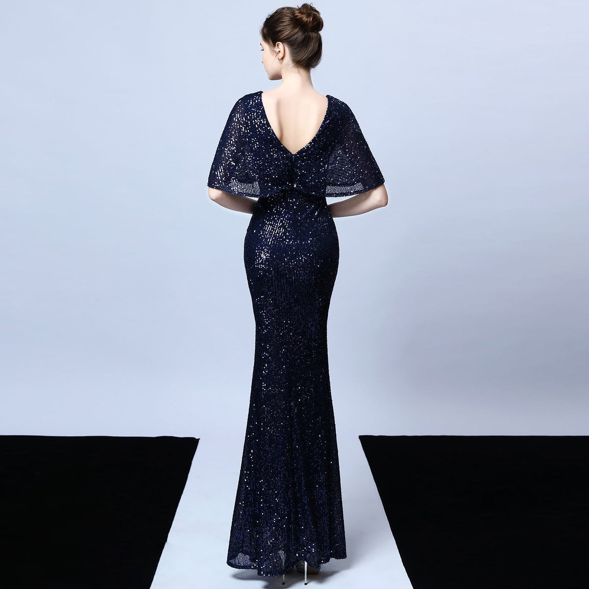 Sequin Round Neck Flutter Sleeve Mesh Yoke Mermaid Maxi Gown 15
