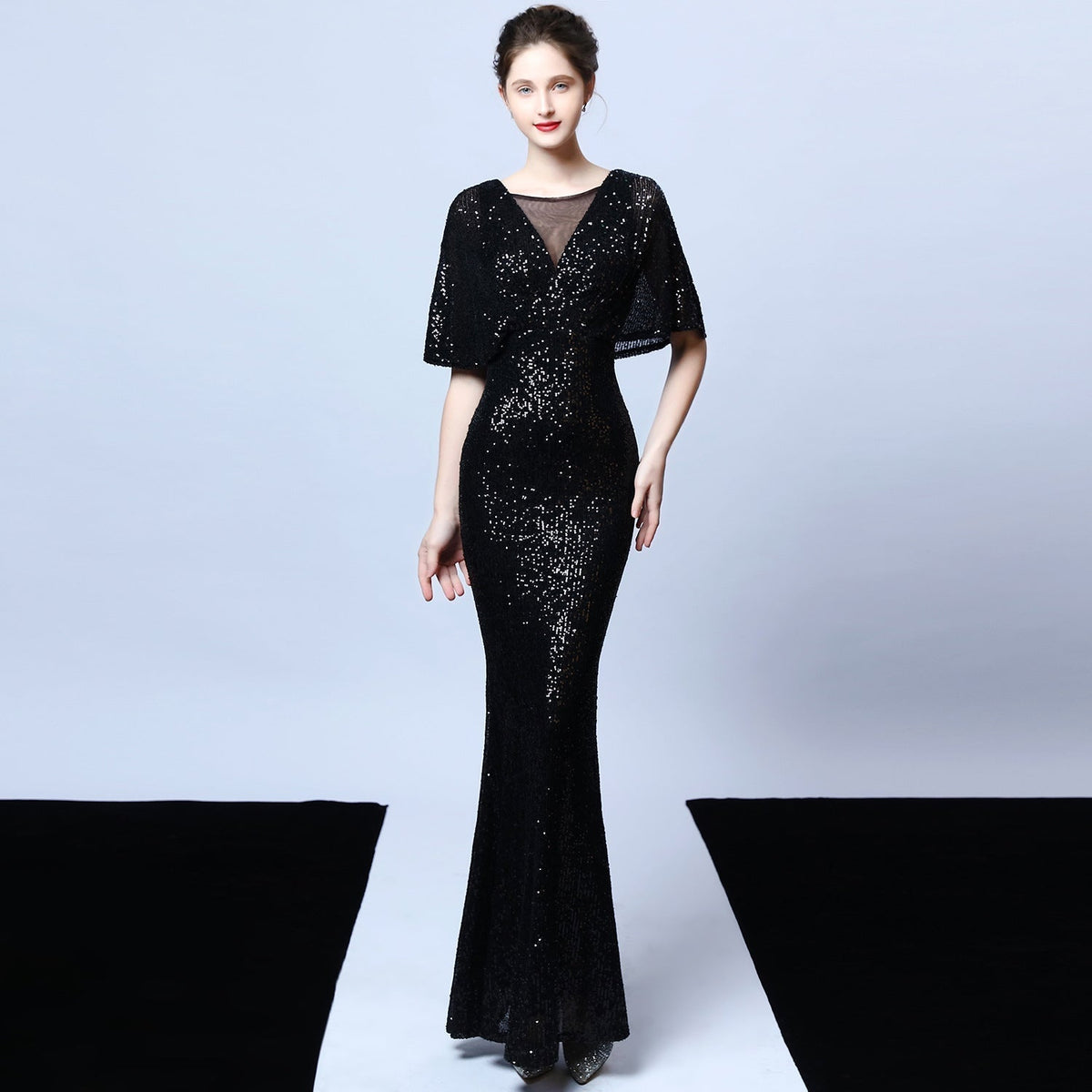 Sequin Round Neck Flutter Sleeve Mesh Yoke Mermaid Maxi Gown 4
