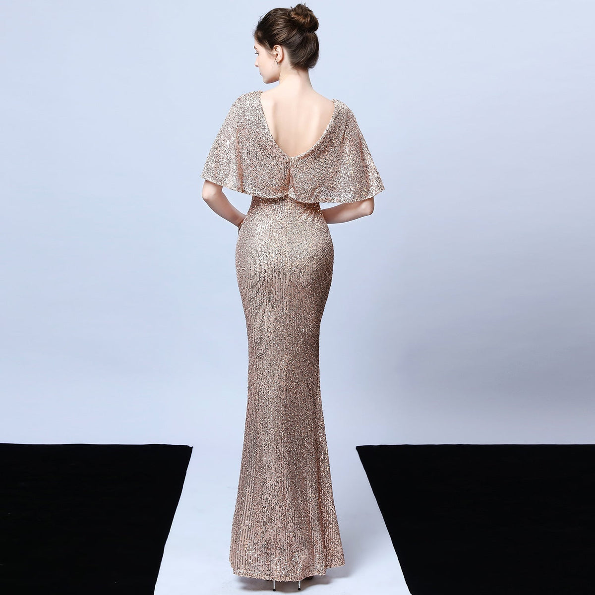 Sequin Round Neck Flutter Sleeve Mesh Yoke Mermaid Maxi Gown 7