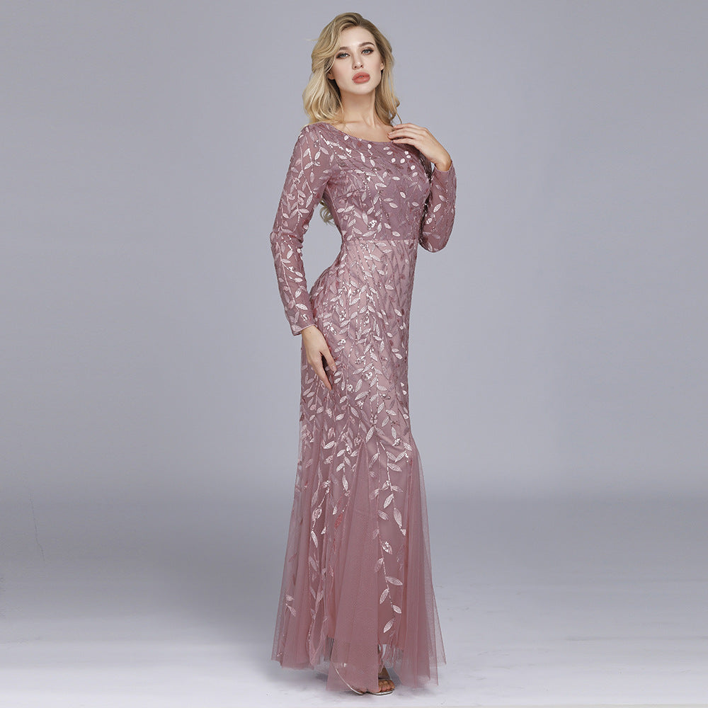 Sequin Round Neck Long Sleeve Mermaid Gown - View 6