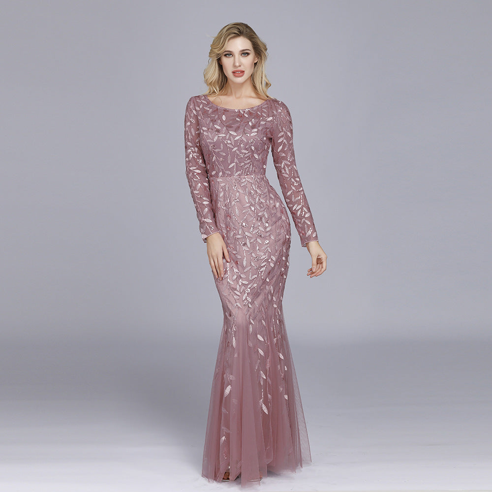 Sequin Round Neck Long Sleeve Mermaid Gown - View 2