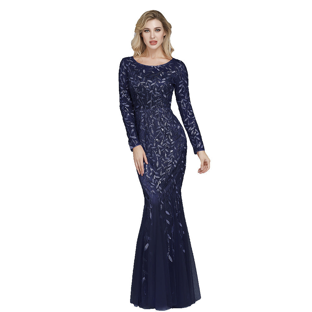 Sequin Round Neck Long Sleeve Mermaid Gown - View 4