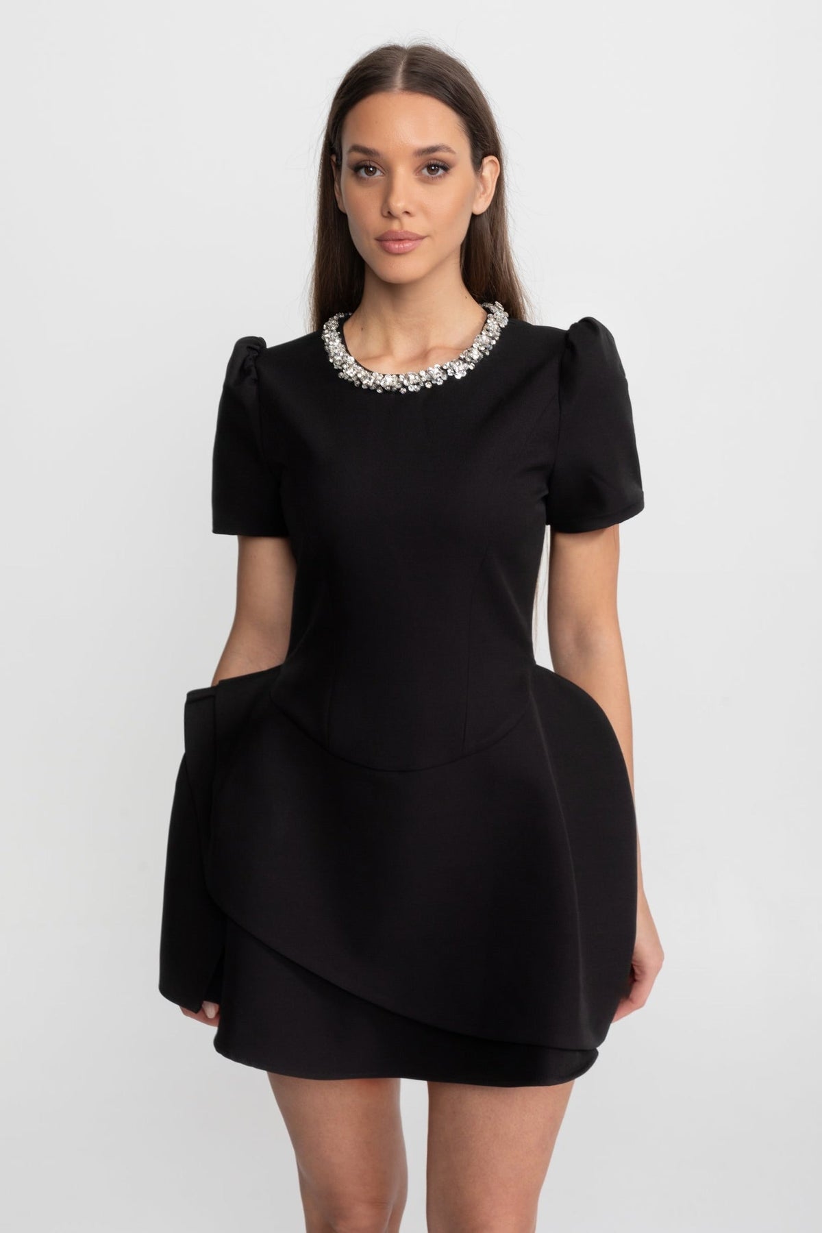 Rhinestone Collar Short Sleeve Puff Shoulder Mini Dress