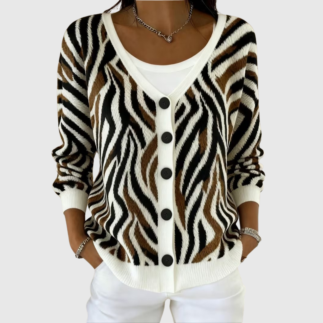 Animal Print V-Neck Button Front Knit Cardigan