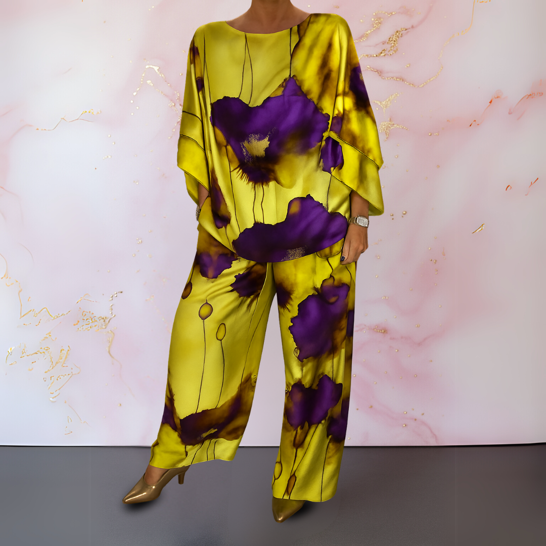 Floral Print Boat Neck Batwing Top and Wide Leg Pants Two Piece Set 8