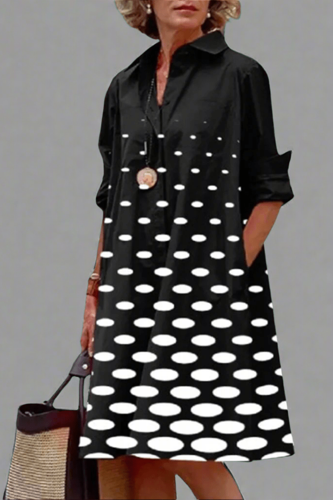 Polka Dot Collared Long Sleeve Pocket Shirt Dress