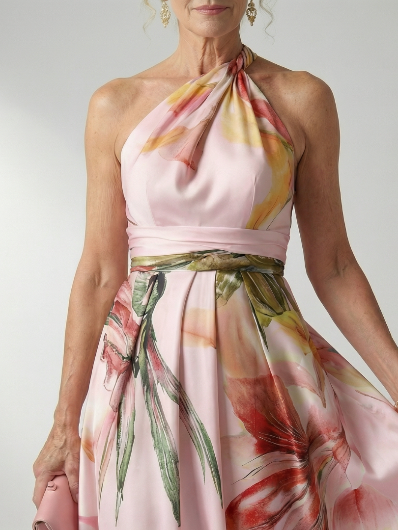 Floral Print One Shoulder Satin Maxi Dress 10