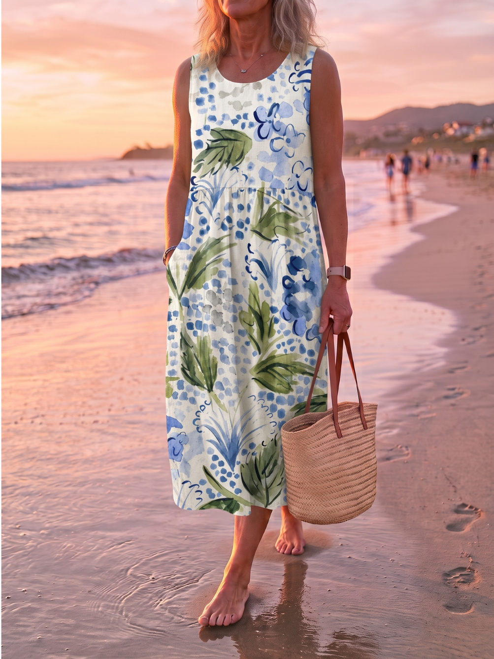 Round Neck Sleeveless Tropical Floral Midi Dress