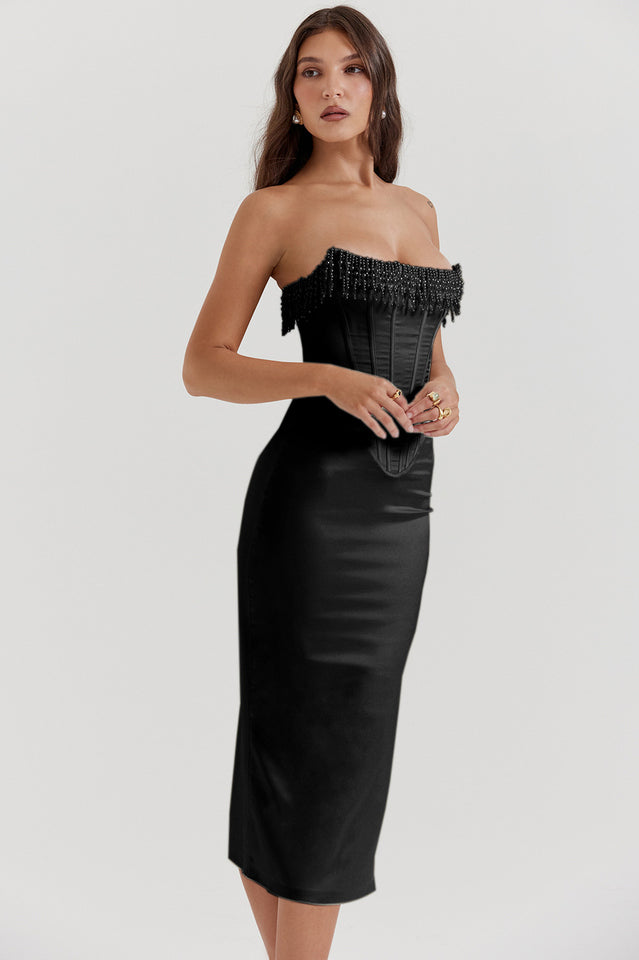 Pearl Fringe Strapless Corset Boned Bodycon Midi Dress - View 15