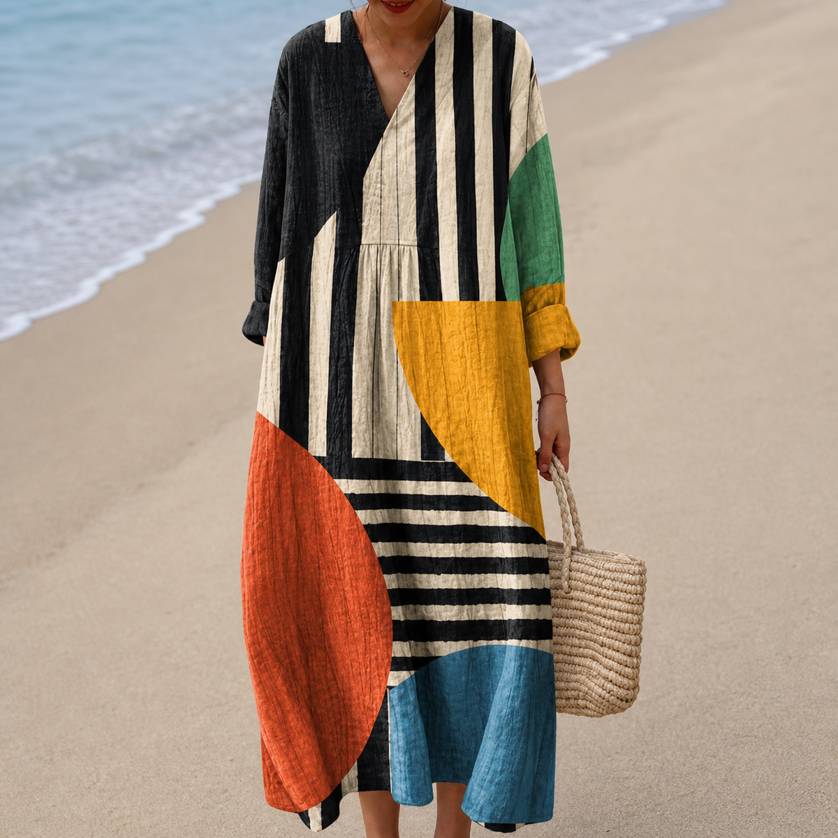 V-Neck Long Sleeve Striped Geometric Print Midi Dress