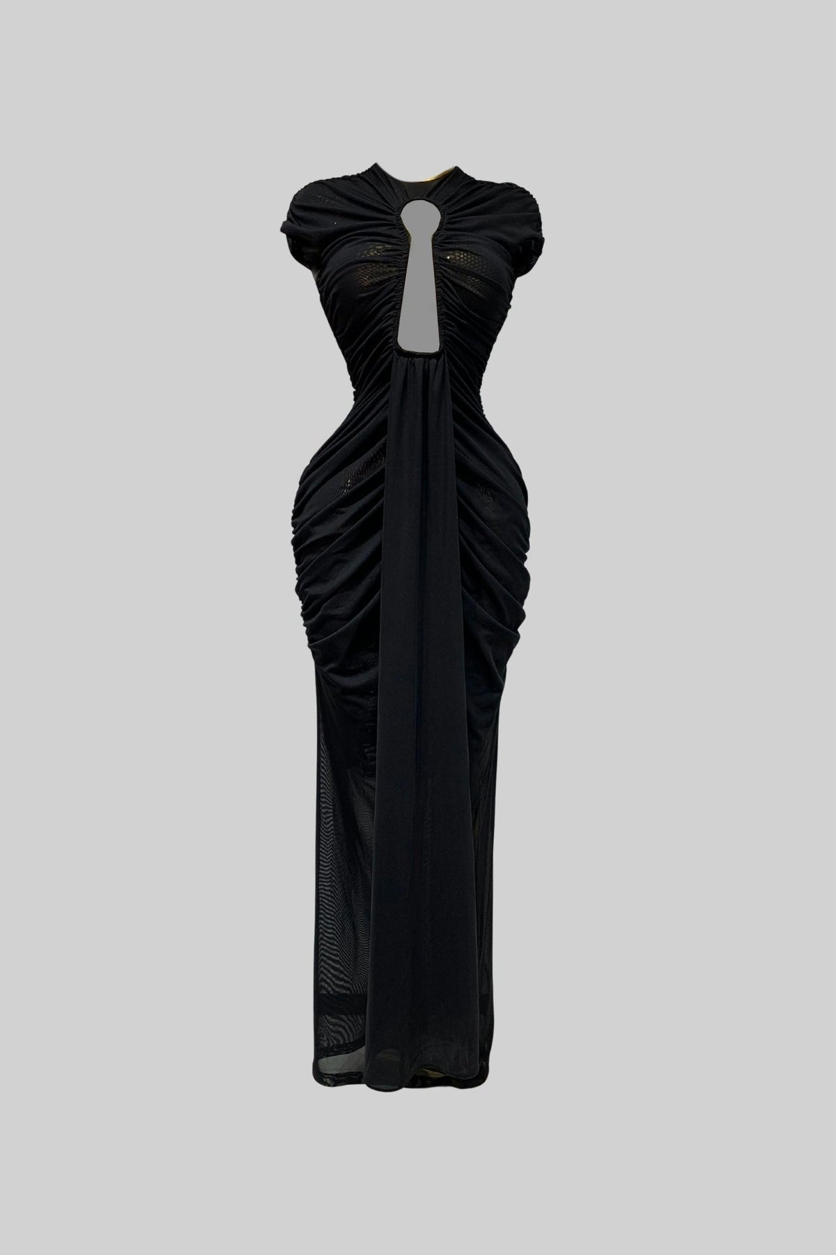 Mock Neck Keyhole Cut Out Ruched Draped Panel Bodycon Maxi Gown - View 2