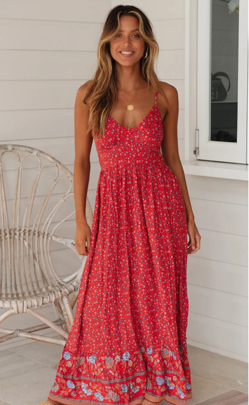 Floral Print Spaghetti Strap V-Neck Border Hem Tiered Maxi Dress