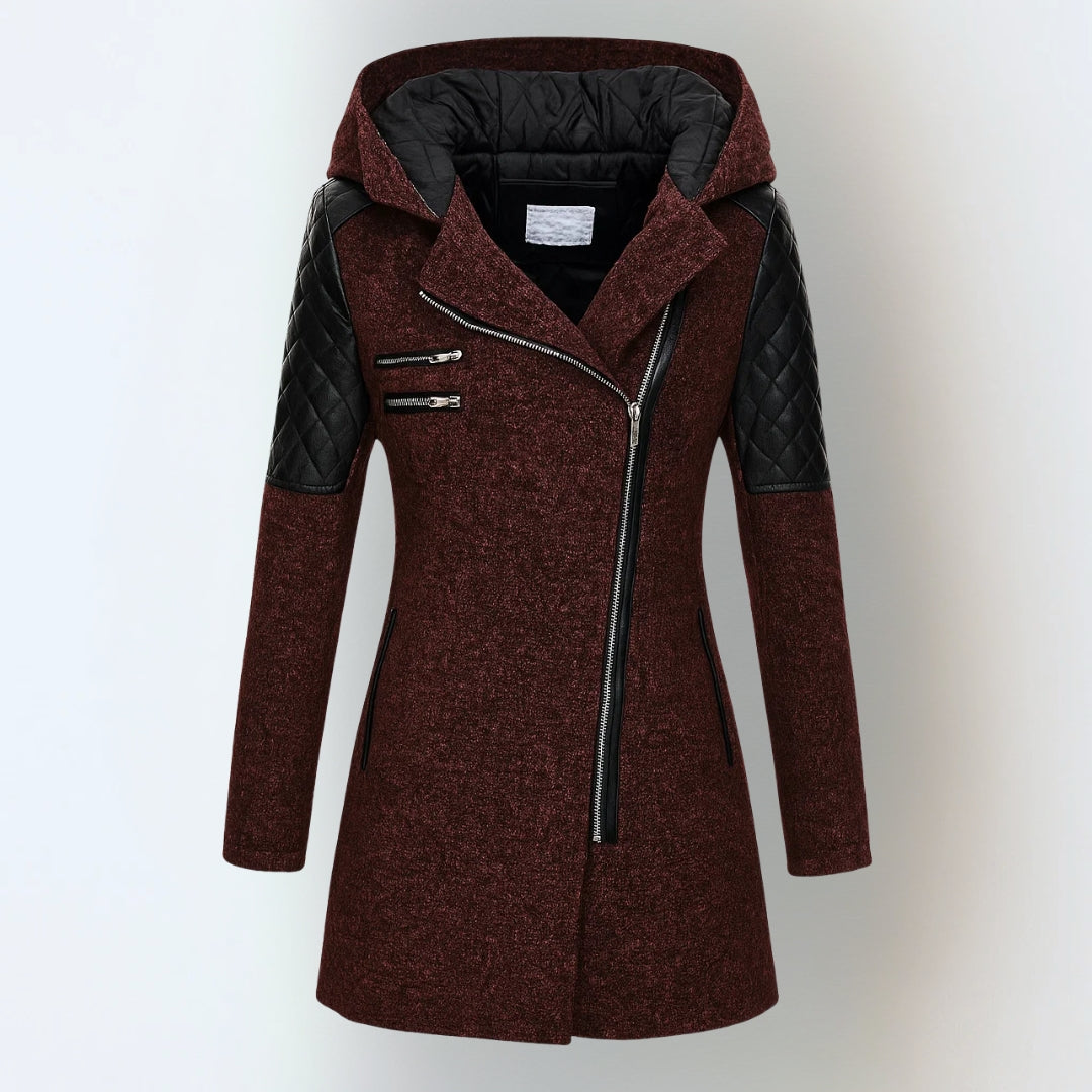 Hooded Quilted Faux Leather Sleeve Zip Front Coat 4