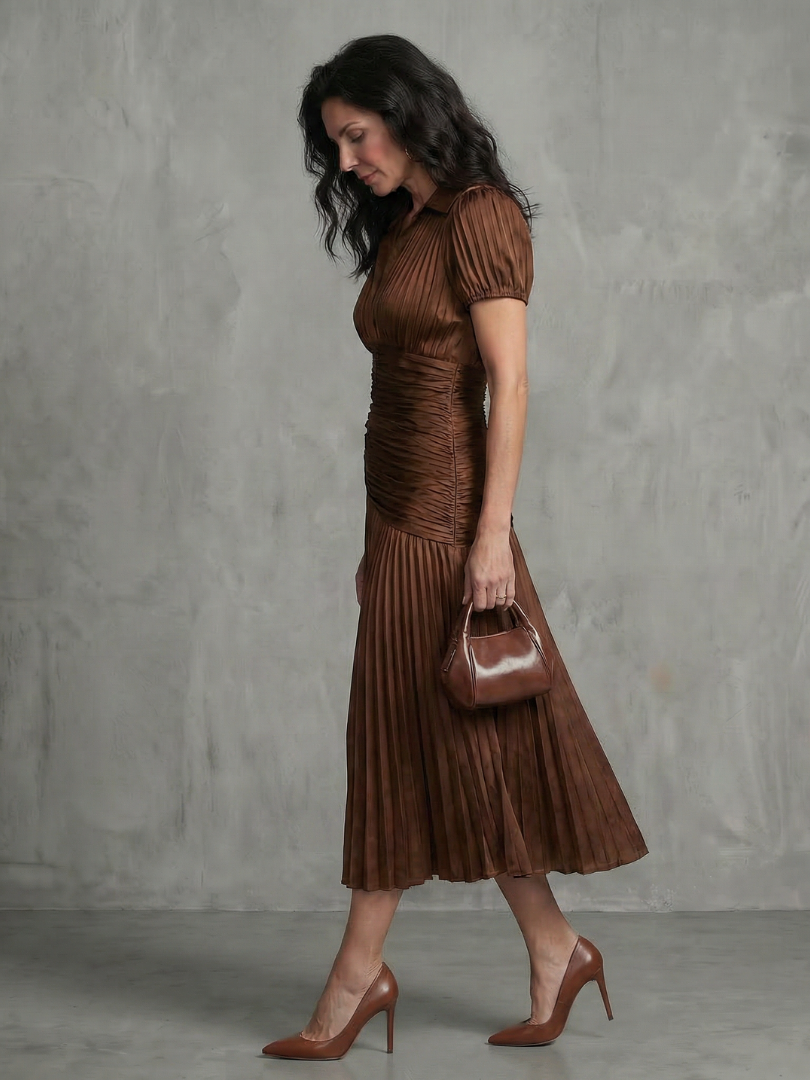 Striped Collared Short Sleeve Ruched Pleated Midi Dress 10