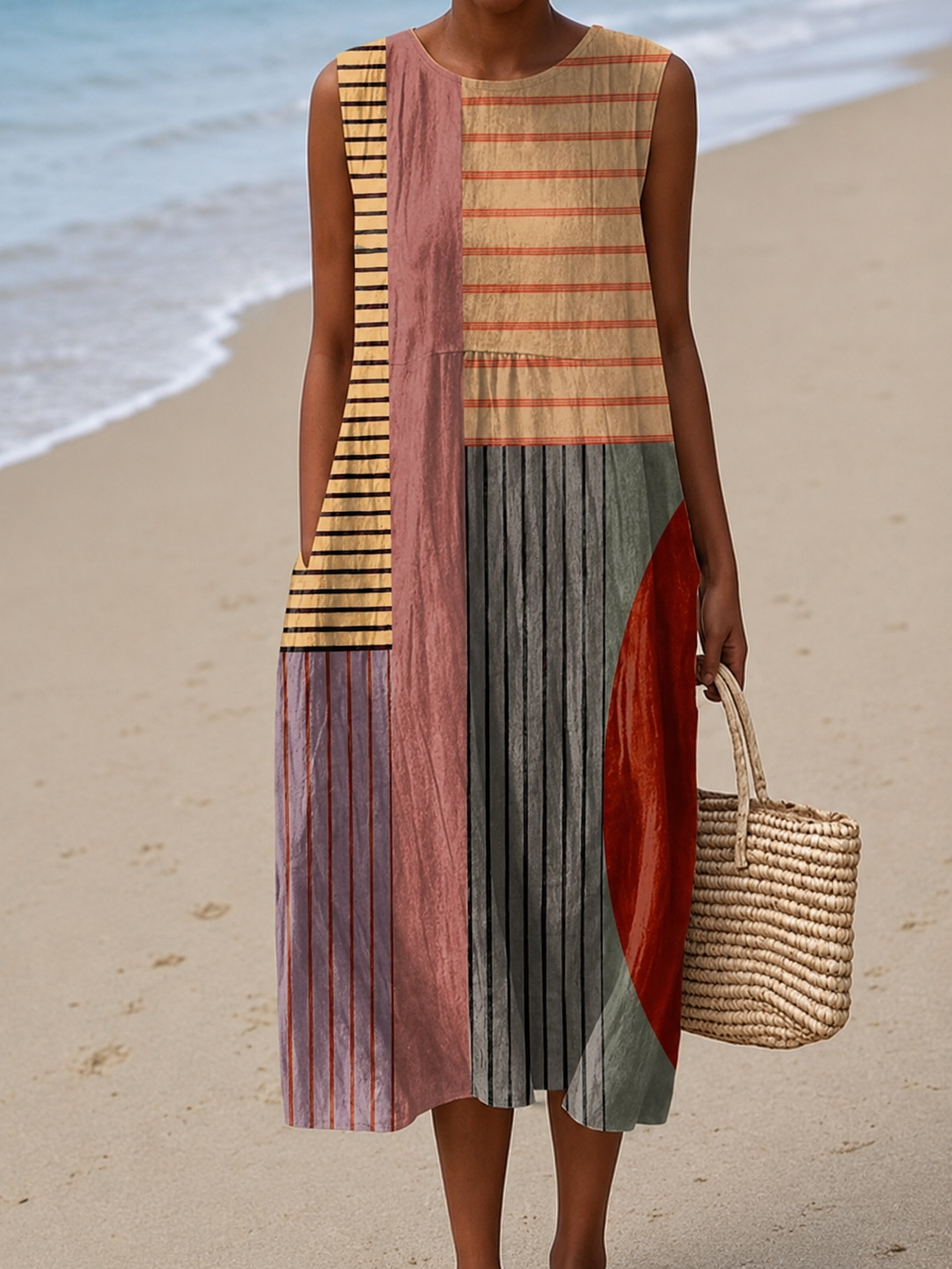 Colorblock Striped Sleeveless Midi Dress