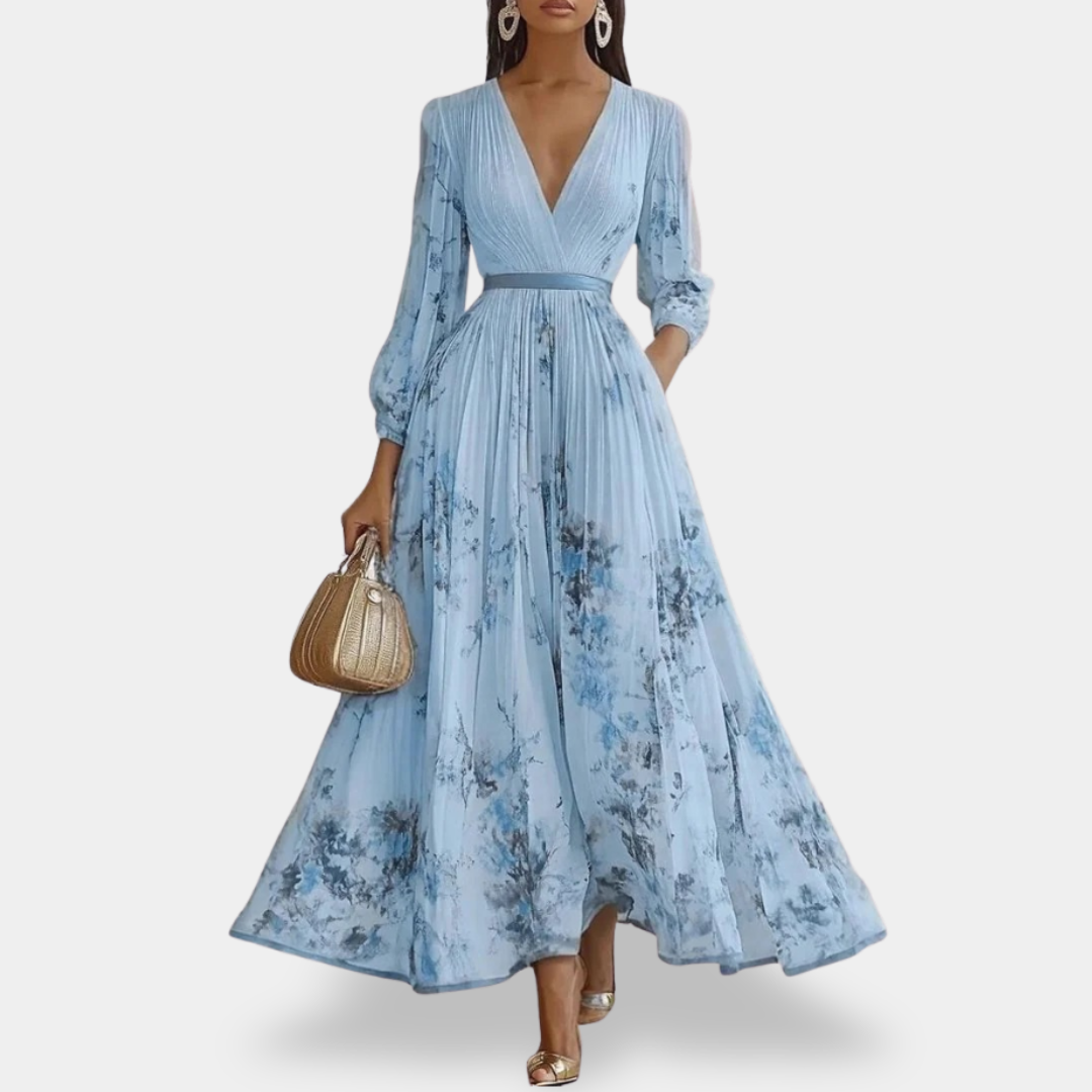Marble Print Deep V-Neck Pleated Belted Sleeveless Midi Dress 4