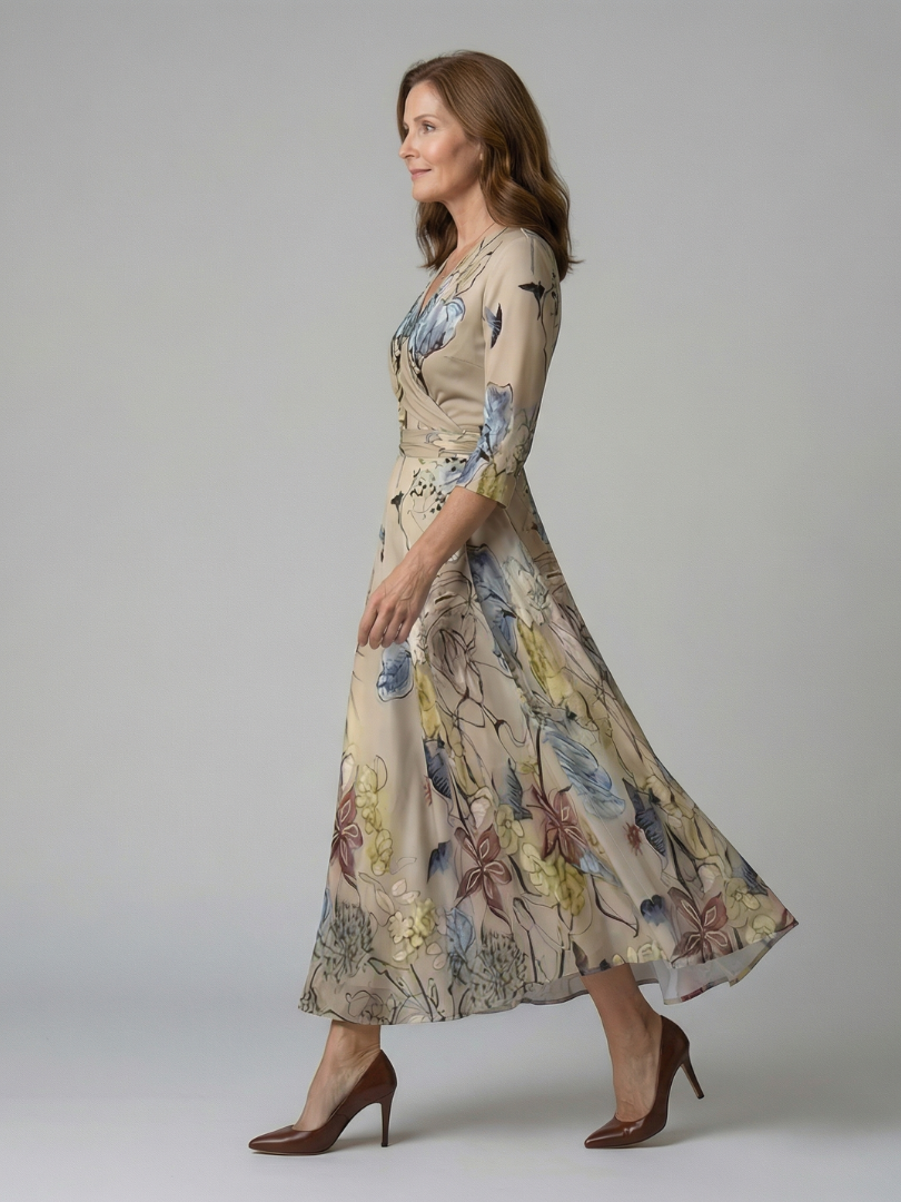 Floral V-Neck Wrap Three Quarter Sleeve Satin Maxi Dress 11