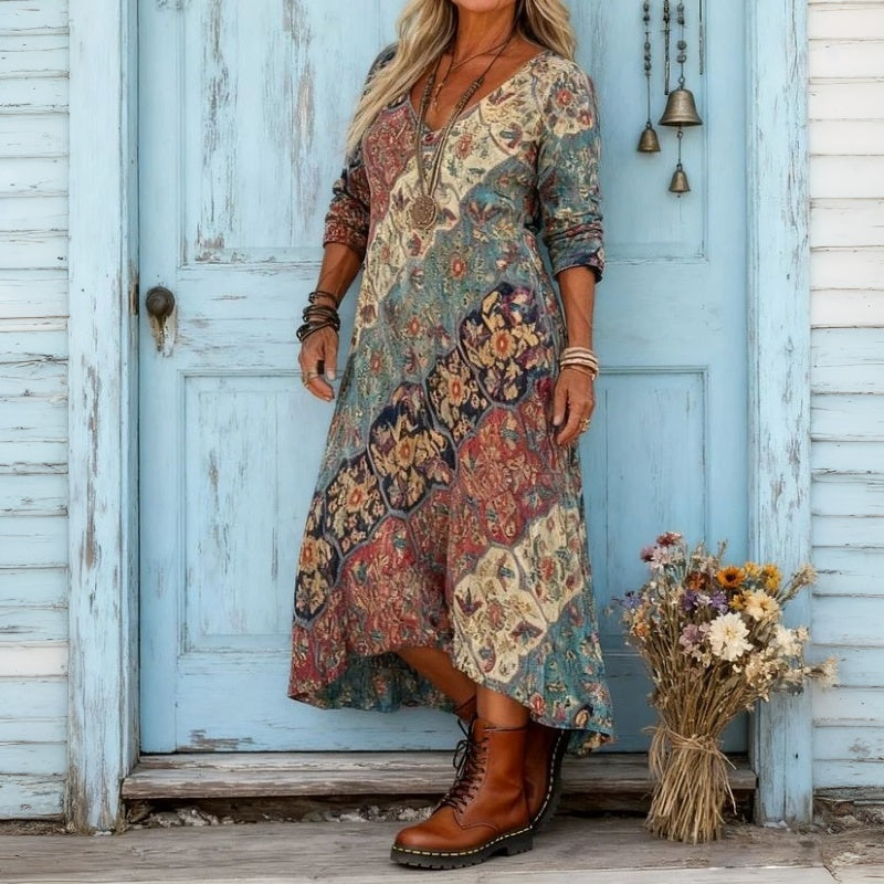 Patchwork Floral Print V-Neck Long Sleeve Boho Maxi Dress 4