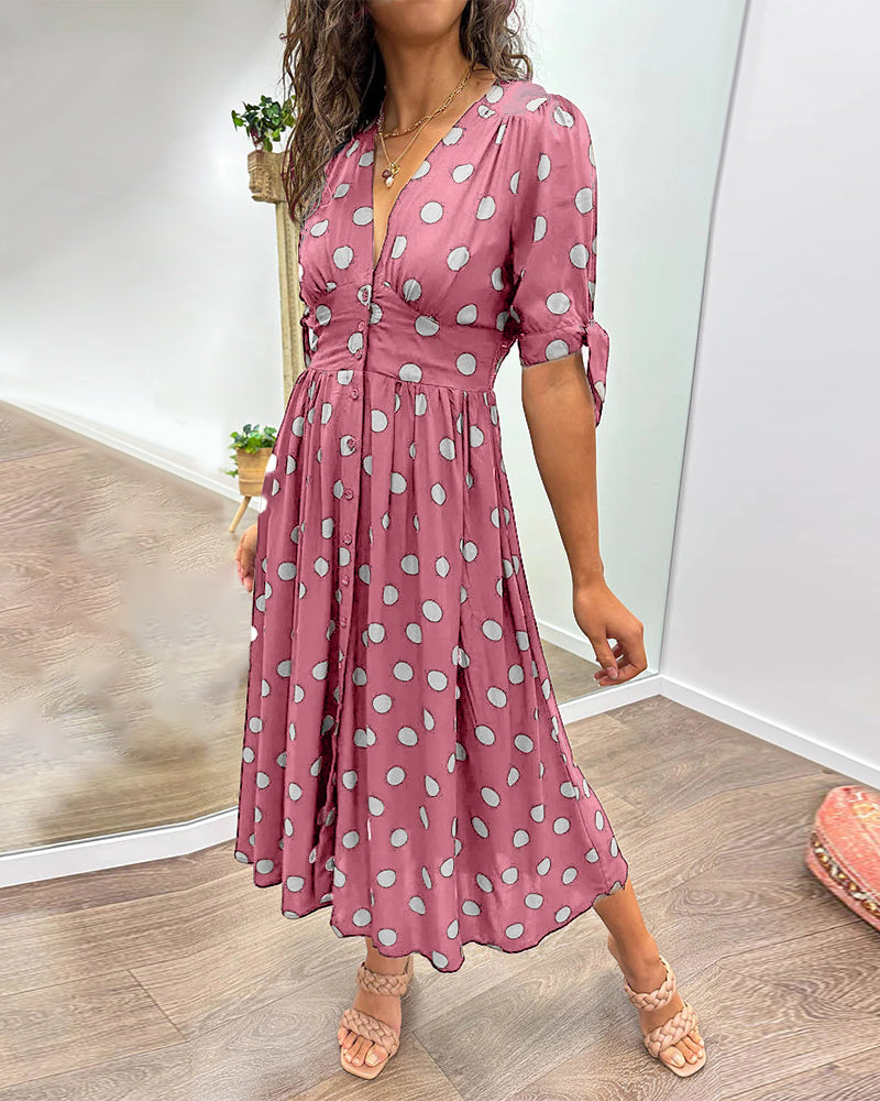 Polka Dot Deep V-Neck Button Front Puff Sleeve Tie Cuff Midi Dress - View 18