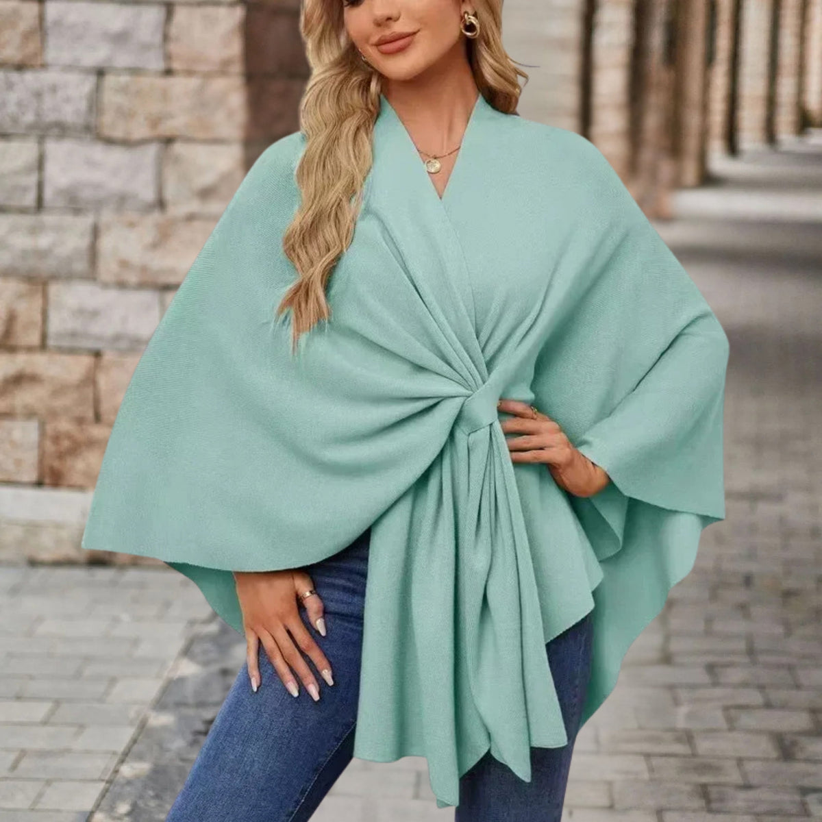Twist Front Batwing Sleeve Knit Poncho 4