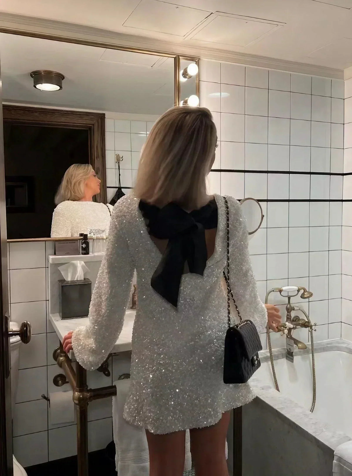 Sequin Boat Neck Long Sleeve Bell Cuff A-Line Mini Cocktail Dress - View 2