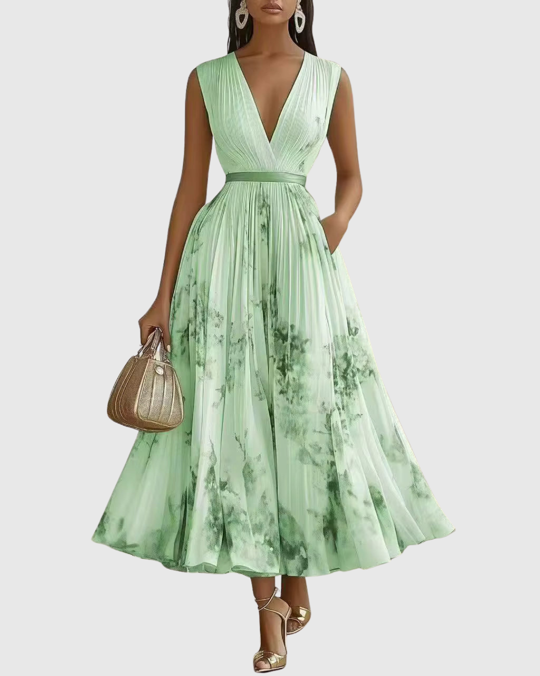 V-Neck Sleeveless Belted Floral Pleated Maxi Dress 16