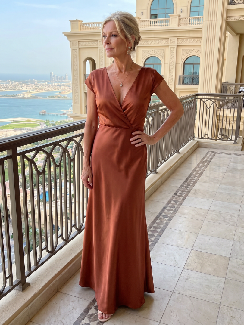 Surplice V-Neck Cap Sleeve Satin Maxi Gown 8