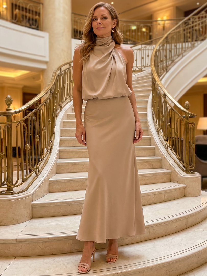 Satin Halter Neck Draped Maxi Dress 14