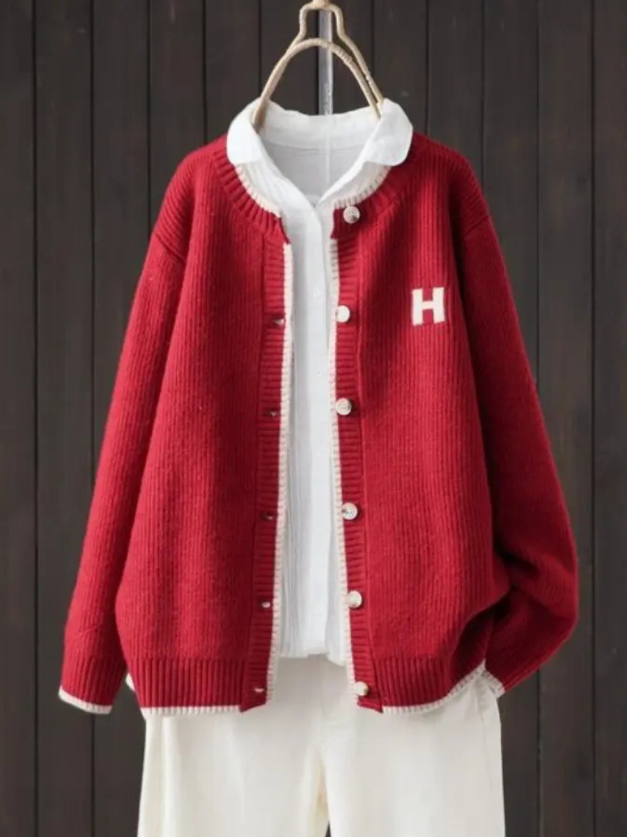 Contrast Trim Button Front Knit Bomber Cardigan