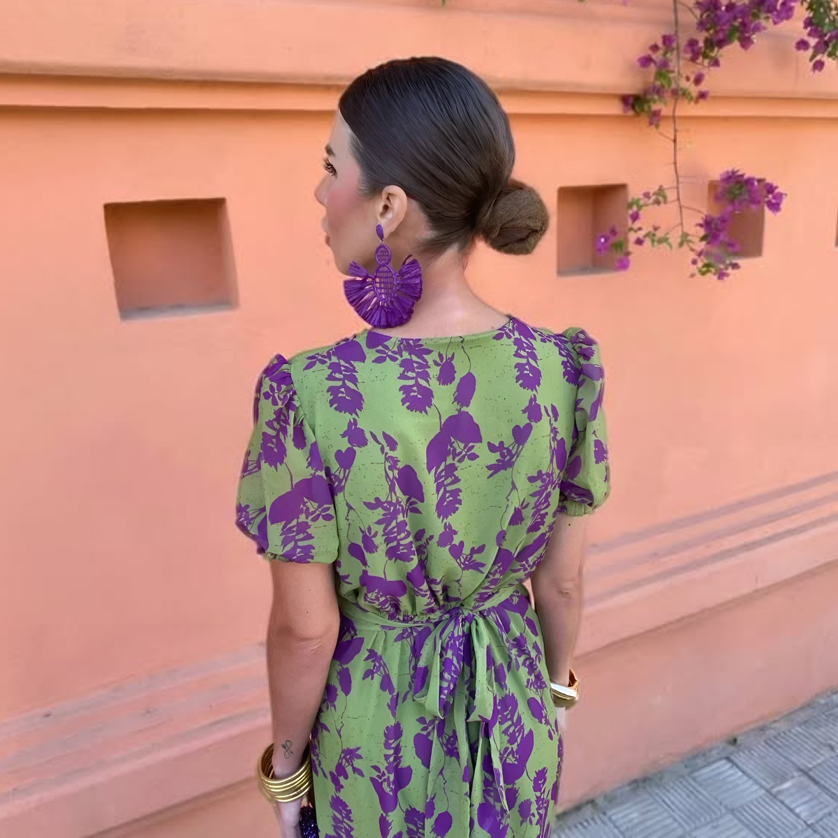 Floral Print V-Neck Puff Sleeve Wrap Midi Dress 4