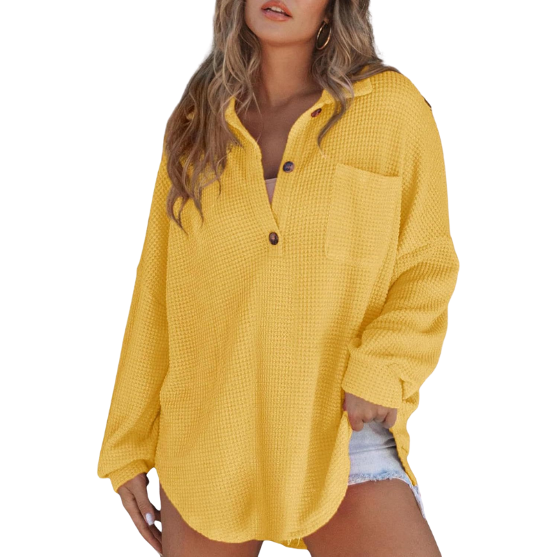 Waffle Knit Collared Button Long Sleeve Top 12