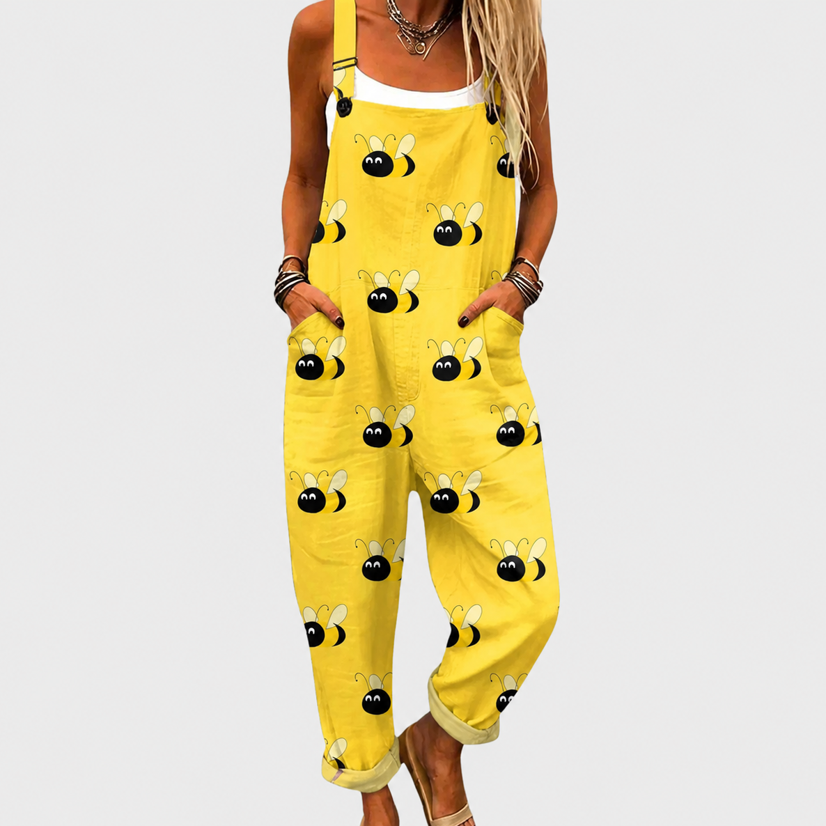 Bee Print Pocket Dungaree Overall Jumpsuit
