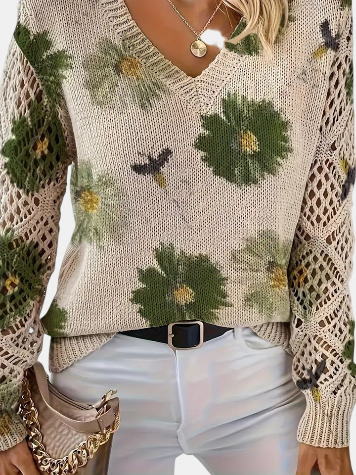 Floral V-Neck Long Sleeve Crochet Sleeve Knit Sweater 8