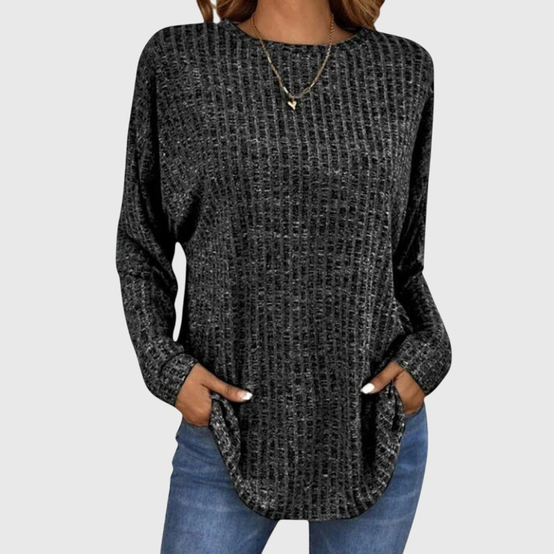 Crew Neck Long Sleeve Ribbed Knit Curved Hem Top 2