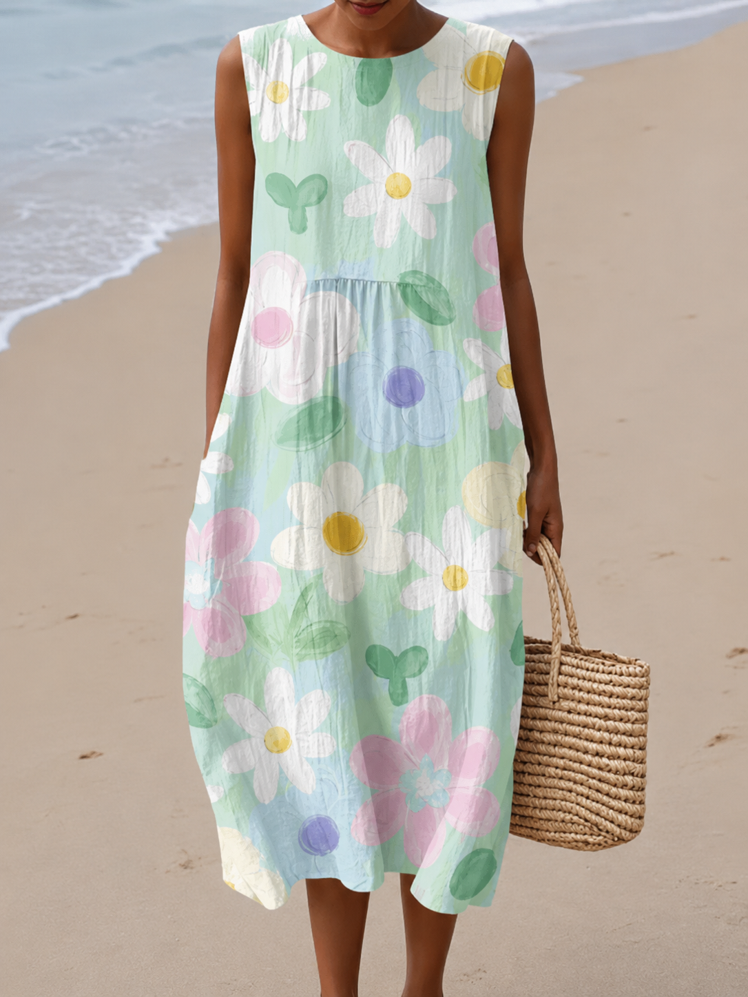 Round Neck Sleeveless Daisy Floral Midi Dress 2
