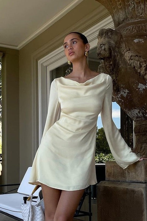 Satin Cowl Neck Long Sleeve Mini Dress