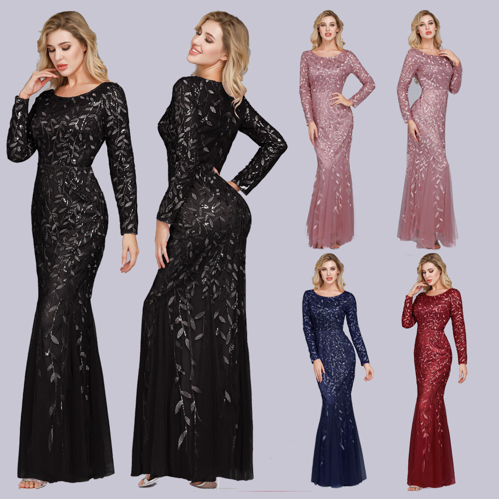 Sequin Round Neck Long Sleeve Mermaid Gown - View 5