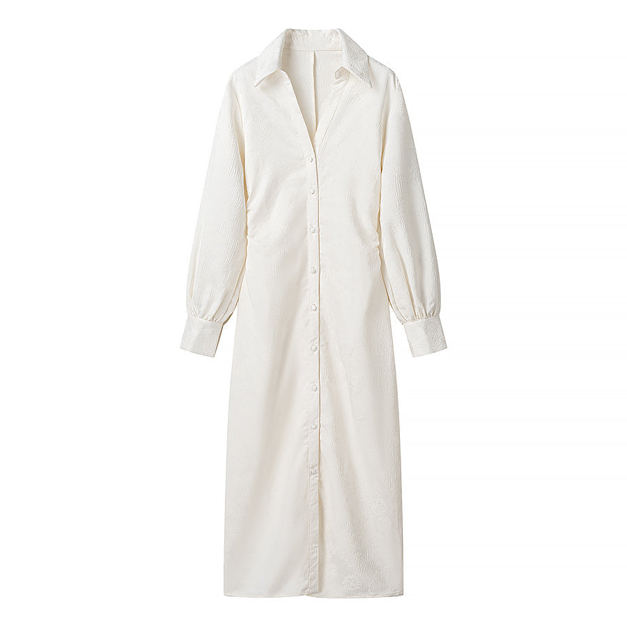Satin Jacquard Long Sleeve Collared Button Down Ruched Maxi Dress - View 5