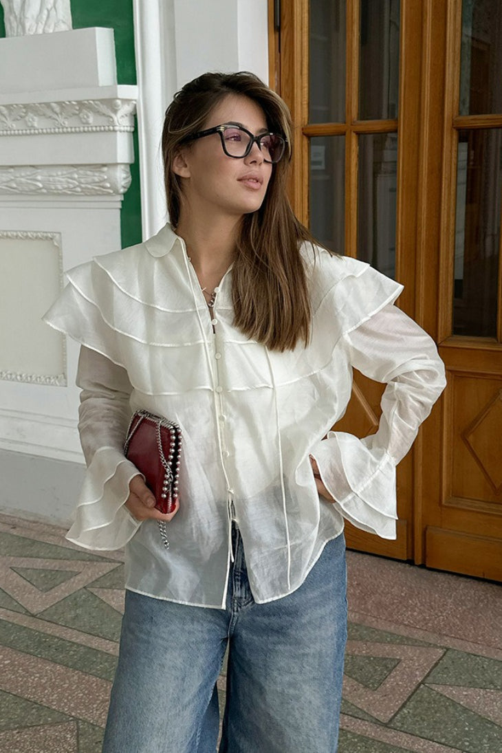 French Sheer Ruffle Blouse